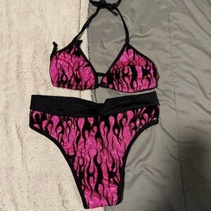Rave Pink and Black Flame Bra Set